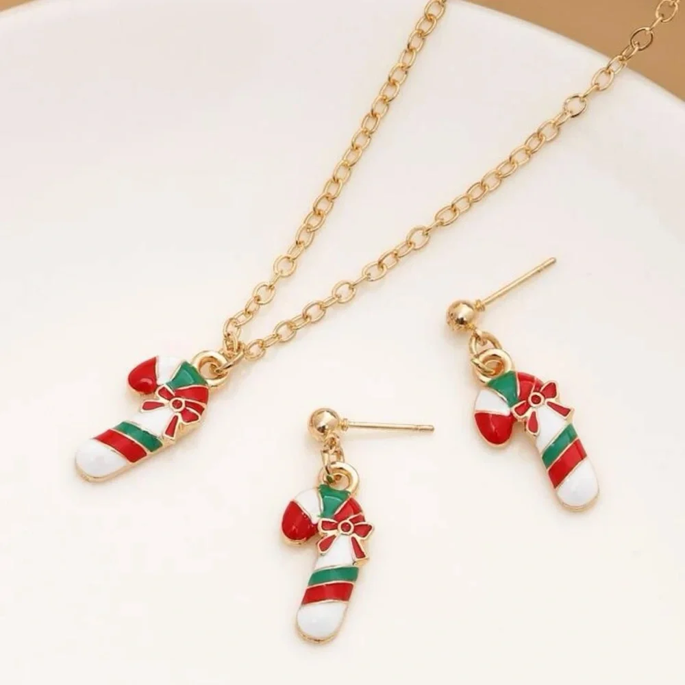 Christmas Candy Cane Jewelry Set – Holiday Necklace & Earrings